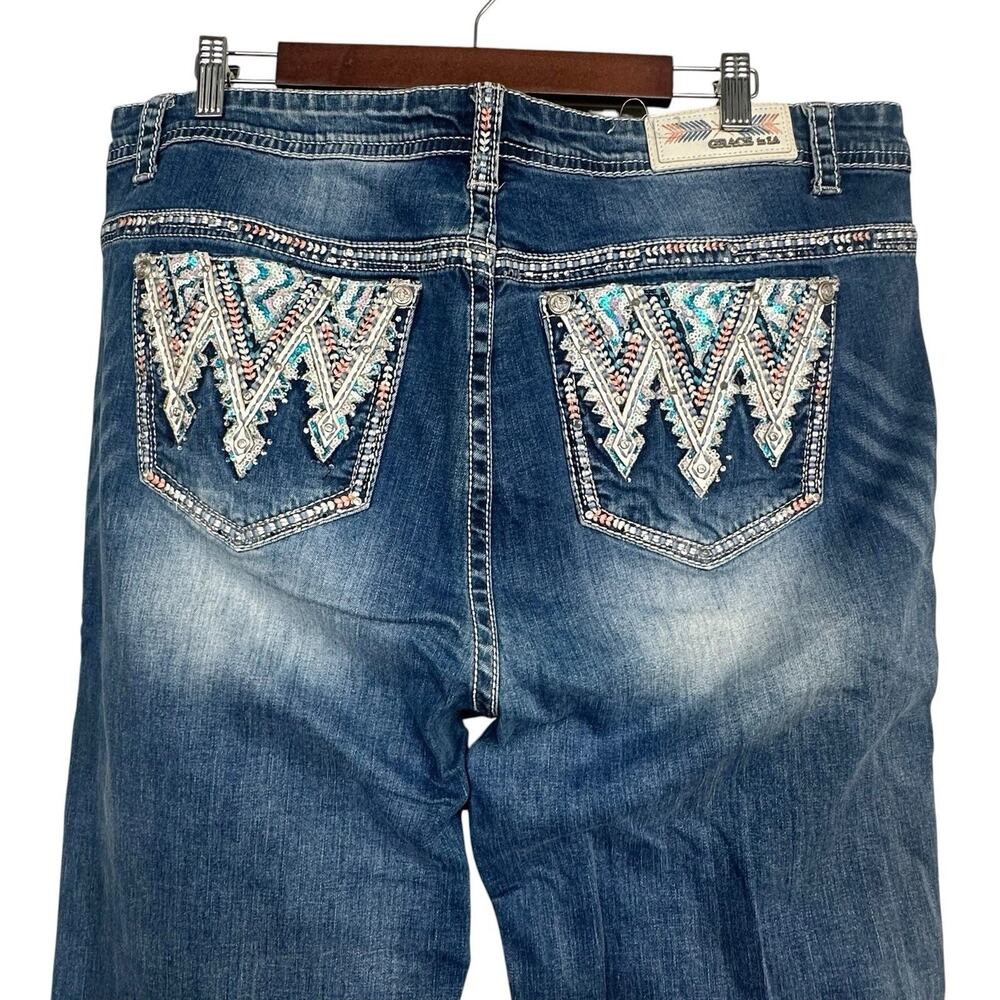 Grace In LA Plus Size P Straight Dark Wash Jeans Aztec Sequins Pockets Size 19 - Picture 9 of 16